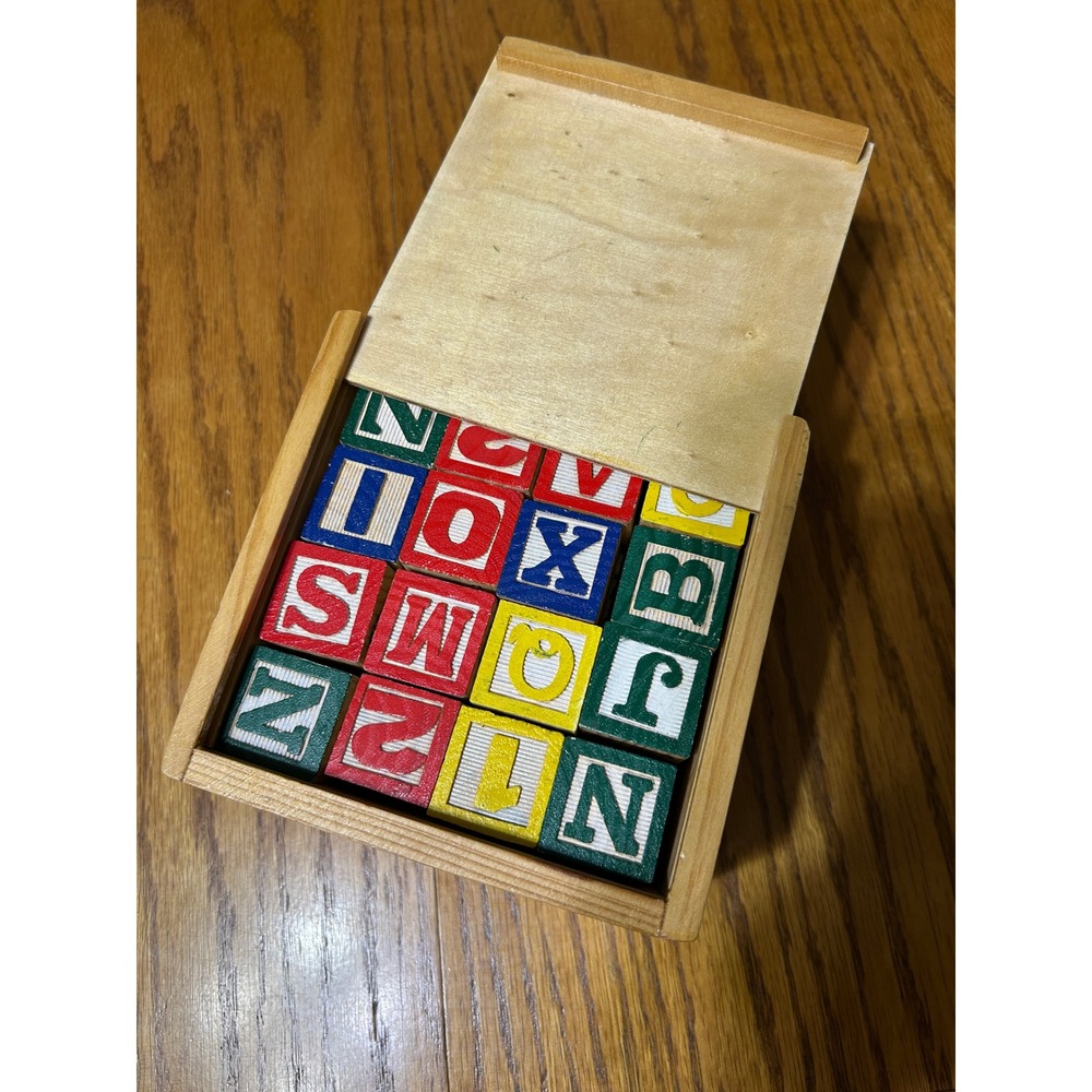 Vintage Wooden Alphabet Number Blocks Set with Sliding Lid Storage Box Nursery